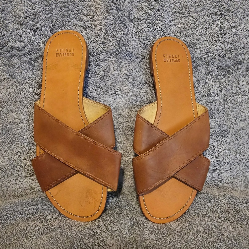 Stuart Weitzman Tan Brown Leather Crisscross Slide Sandals RW85349 Size 8.5M